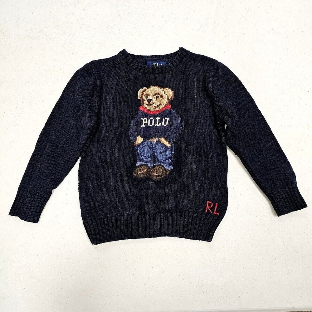 Polo Ralph Lauren Kids Polo Bear Sweater Size 5 Cotton Crew Blue Monogram